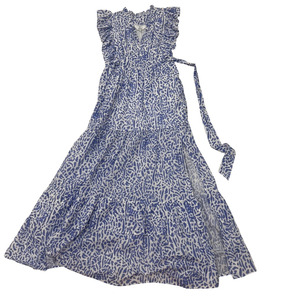 LaRoque Original Blue White Abstract Print Ruffle Tiered Maxi Dress Large Pocket